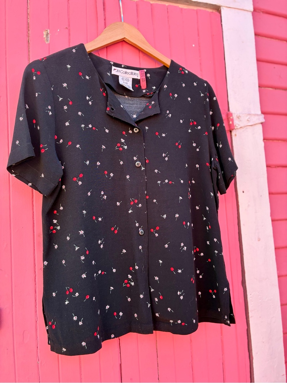 JH Collectibles Vintage Black Short-Sleeve Top with Red Cherry Print Size S - M